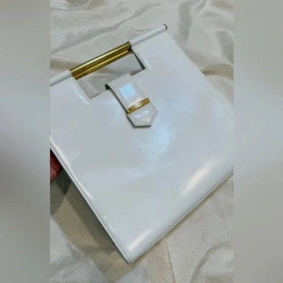 Vintage Yves Saint Laurent Logo Metal Bar Handle Leather Handbag 1980s-1990s - Picture 5 of 16